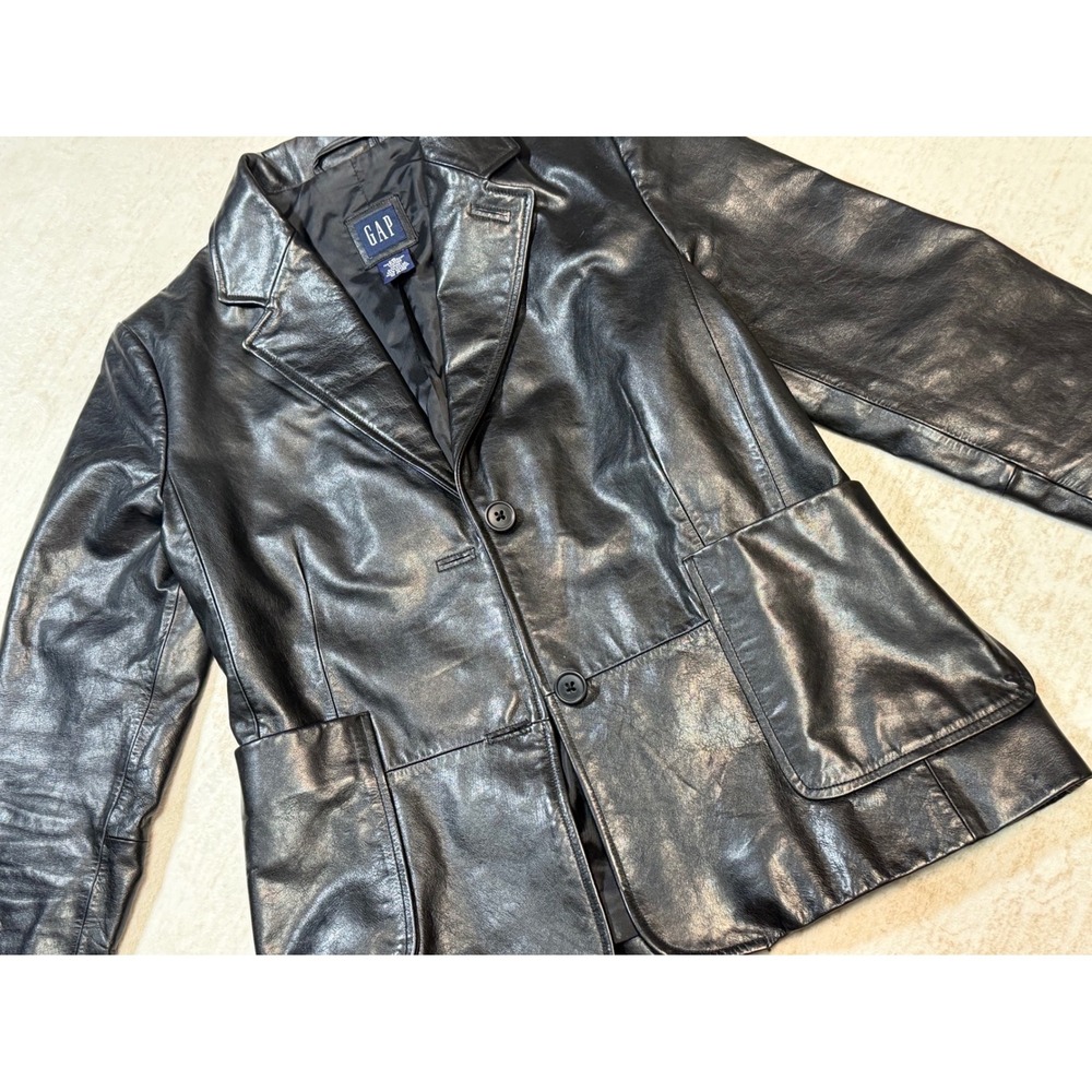Gap Womens Black Genuine Leather Blazer Jacket Two Button Size 6 RN 54023